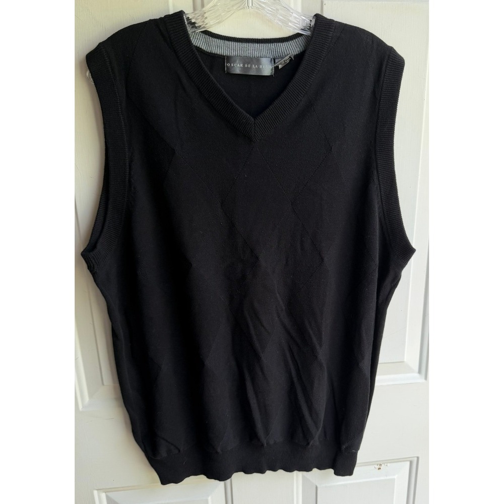 Oscar de la Renta Mens Black Argyle V-Neck Cotton Sweater Vest M ME4174